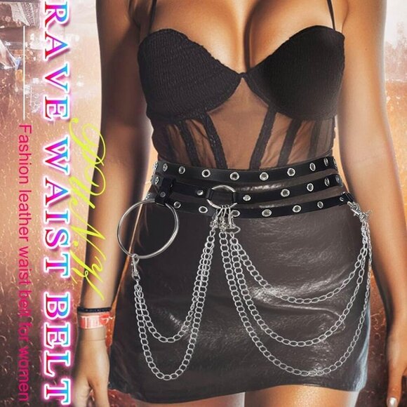 Black Leather Waist Chain Punk Rave Accessories Adjustable for Women main image 5